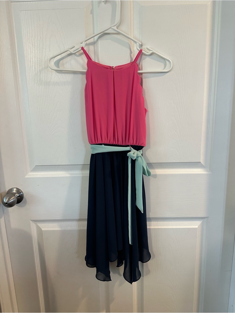 Amy Byer Pink and Navy Chiffon Dress with Mint Sash